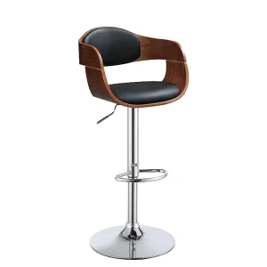 High Kitchen Bar Stools With Curved Backrest and Leather Seat with Walnut Wooden Frame