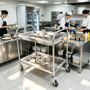 High Quality 2 Tier Stainless Steel Restaurant Kitchen Trolley Cart 4 Swivel Castors Braked Wheels Tea Food Serving