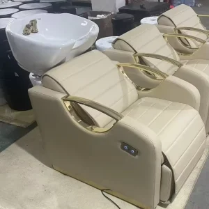 High Quality Adjustable Beige Gold Shampoo Chair with Ceramic Basin Modern Design Durable Metal Armrests for Hair Salons