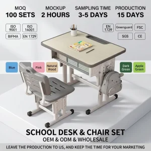 High Quality Adjustable Height Primary Middle School Desk and Chair Stool Set Classroom Tables and Chairs for Preschool Children