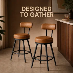 High Quality Bar Stool Swivel PU Leather Backrest Metal Frame Height 65 cm Kitchen Home bar Furniture Caramel Color Bronze