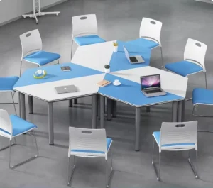 High Quality Customizable Modern Durable Metal and Wooden Kindergarten Classroom Trapezoidal Table with Chair Student Desk