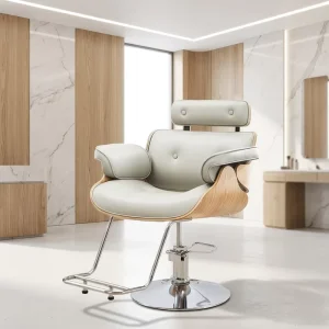 High Quality Durable Portable Salon Furniture Barber Chair Wood Frame Leather Seat Adjustable Height Rotation Hydraulic Pump