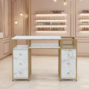 High Quality HONGZI Modern Commercial Wooden Acetone Resistant Marble Top Luxury Manicure Table for Nail Salon Station