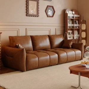 High Quality Luxury Oil Wax PU Leather Sofa Simple Modern Living Room Apartment Mall Square Three Seater Sofa Foam Couch Home