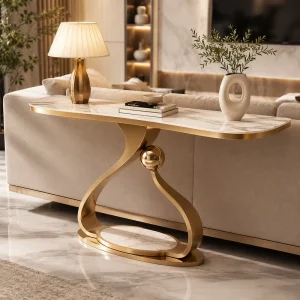 High Quality Luxury White Marble Pattern Top Entryway Furniture with Artistic Black Curved Base Console Table
