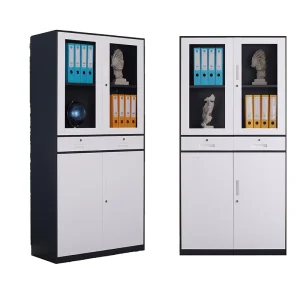 High Quality Metal File Cabinet with 2 Glass Doors Cupboard Locker Steel Storage Cabinet