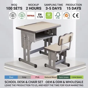 High Quality Modern Metal and MDF School Chair and Desk Set with Adjustable Height