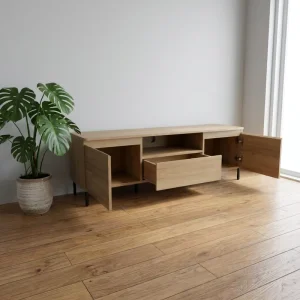 High Quality Modern Natural Wood TV Cabinet with Hinge Door and Central Drawer Living Room TV Stand Eco Friendly