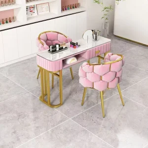High Quality Modern Style Pink Salon Furniture Set Metal Nail Table With Chair Nail Manicure Table Salon Table