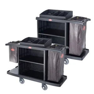 High Quality Room Attendants Trolley Premium Black Housekeeping Maid’s Cart for Hotels Modern Design Plastic Material