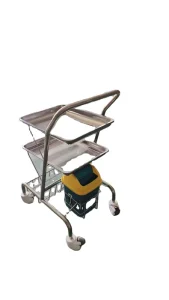 High Quality Stainless Steel Hospital Instrument Trolley 2 Tiers Medical Dressing Cart with Removable Trays and Waste Bin ICU