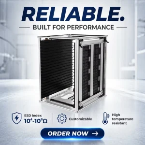 High Temperature SMT Adjustable PP Steel Magazine Standing ESD Storage Display Rack 460*400*363mm Anti static 30kg Capacity