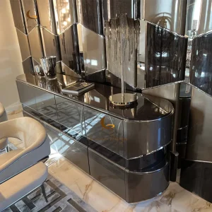 High end Console Table Curved Entryway Cabinet Mirror Stainless Steel Luxury for Hotel Lobby Villa