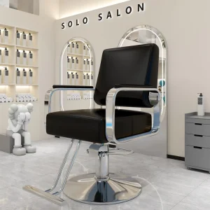 High end Hair Salon Furniture Armchair Can Rotate and Lift Stainless Steel Black Metal Barber Chair