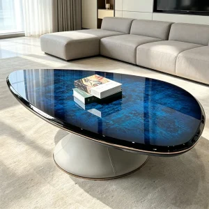 High end Modern Luxury Living Room Furniture Coffee Table Blue Burls Veneer Finishing Irregular Shape Center Table