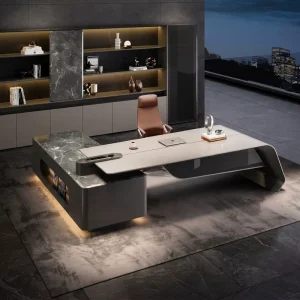 High end Modern Minimalist Long shaped Executive Desk with Baffle Design Lockers Large Wood Office Desk Leadership Office Suite