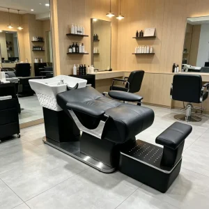 High-end Modern Shampoo Chair White Black Ceramic Basin Full Stainless Steel Structure Replaceable PU Leather Hair Salon