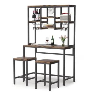 Home Bar Pub Table and Chairs Set Industrial Wine Bar Rack Tables with Glass Holder and Storage