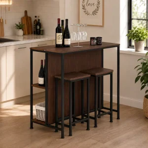 Home Bar Table and Chairs Set with Open Storage Rack for Kitchen Dining Entertainment Area