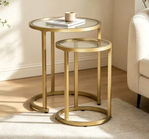 Home Camber Modern 20″ and 14.5″ Round Set of Nesting Tables with Clear Glass Top