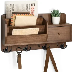 Home Decor Wooden Wall Mounted Hanging Magazine Mail Organizer Shelves Rack Key Holder with Hooks Drawer