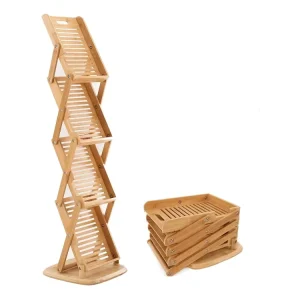 Home Foldable Floor Magazine Rack 4 Pockets Catalog Literature Stand Holder Brochure Wooden Bamboo Display Racks