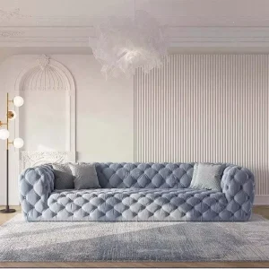 Home Furniture French Modern Three Seat Buckle Design Fabric Sofa for Apartment or Hotel Lounge