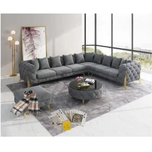 Home Furniture L Shape Chesterfield Sofa Set Modern Design Fabric Solid Wood Frame Tufted Luxury Living Room Sofa
