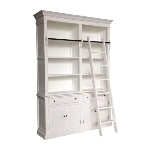 Home Furniture Living Room Showcase 3 Bay Library Bookcase With Ladder Solid Wood Cabinet Bookcase White Book Shelf Storage
