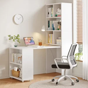 Home Multifunctional Folding Extendable Computer Desk with Integrated Bookcase & Bookshelf MDF Material No Assembly Required