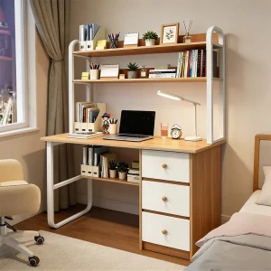 Home Office Computer Desk with Integrated Bookshelf Storage Cabinet Modern Work Table