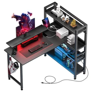 Home Office Convertible Modern LED Gaming L Shaped Computer Desk with Power Outlet and Monitor Stand Shelf Metal Wood