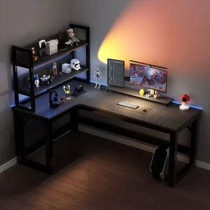 Home Office Corner Computer Desk with L-Shaped Design & Bookshelf for Gaming & Work