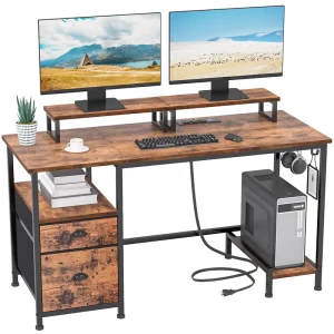 Home Office Desk with 2 Monitor Stands and Storage Drawer Writing Gaming Table with Shelves and 2 Hooks for Bedroom