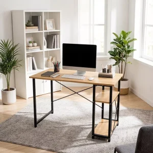 Home Office Desk with Side Storage Shelves Metal Frame Laptop Table Multifunctional Study Writing Workstation