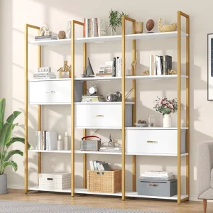 Home Office Gold Wooden Open Display Shelves Etagere Triple Wide Shelf Tall Bookshelf with 3 Drawers Storage Workshop Dining
