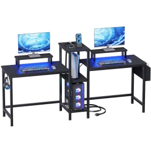 Home Office Modern Convertible Metal 2 Person Gaming Desk LED Lights Power Outlets Study Workstation Double Computer Desk