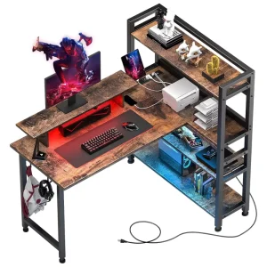 Home Office Wooden L Shape Gaming Desk with LED Lights Power Outlet Durable Design for Learning Study Computer Use