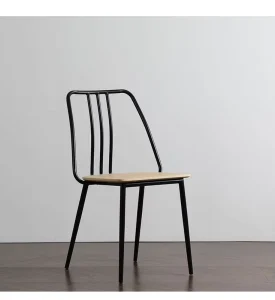 Home Restaurant Modern Minimalist Black Metal Kitchen Side Chair Industrial Dining Chair with Wood Seat and Metal Frame