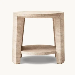 Honed Banded Travertine Side Table with Upper and Lower Round Layers Hollow Middle Space Resort Hotel Guest Bedside Table