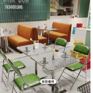 Hong Kong Style Stainless Steel Restaurant Cafe Hotel Furniture Dining Table with 2 Chair Booth Set