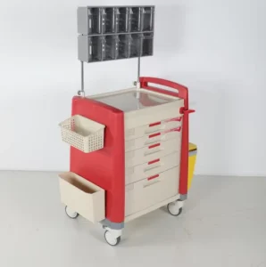 Hospital ABS Anesthesia Cart with Lockable Drawers Side Waste Bin Pull Out Table for Surgical Clinic ICU Nursing