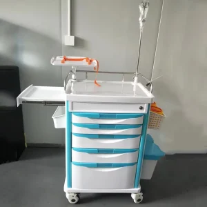 Hospital Emergency ABS Medical Crash Cart Trolley With Oxygen Holder and Central Lock Drawer System