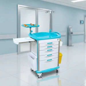 Hospital Furniture Medical Emergency Cart Multi functional Treatment Trolley with IV Pole and Side Accessories