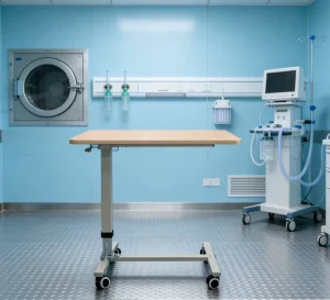 Hospital Grade Metal Mobile Overbed Table Adjustable Height Class II Medical Dining Cart with Silent Wheels for Patient Bed