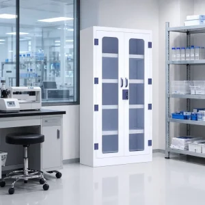 Hospital & Laboratory Steel Storage Cabinet with Full Height Glass Door and Adjustable Solid Shelves