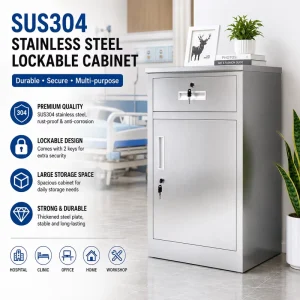 Hospital SUS304 Stainless Steel Bedside Cabinet Lockable Medical Storage Cabinet with Drawer and Door