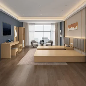 Hospitality Hotel Apartment Bedroom Furniture Set Modern Floating Full Bed Plywood LED Upholstered Headboard