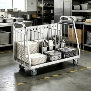 Hospitals Restaurant Catering Food Tray Trolley Metal Tray Plate Dish Collecting Cart with Divider
